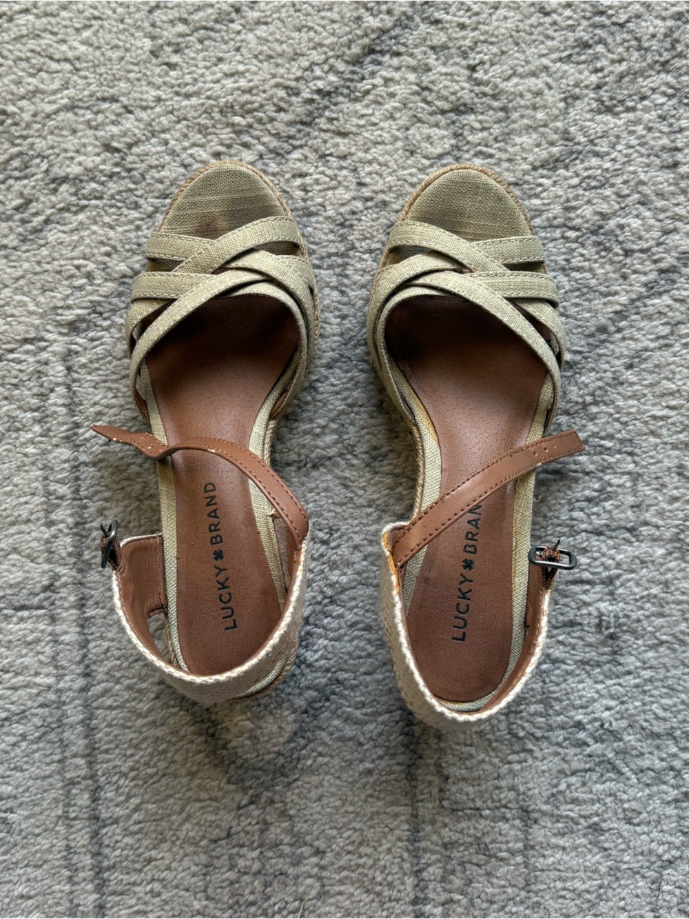 Lucky Brand Olive-Tan Woven Espadrille Wedge Sandals